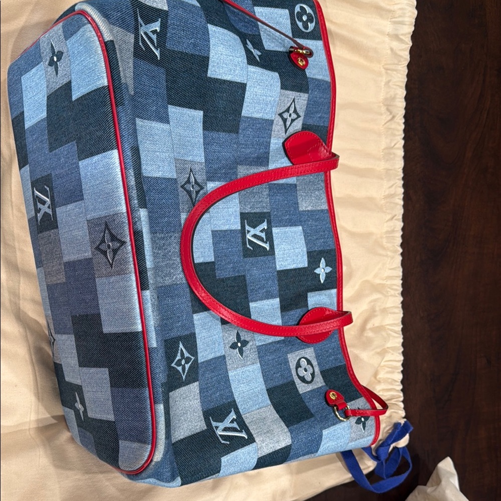 Louis Vuitton Denim Patchwork Bag with Red Trim